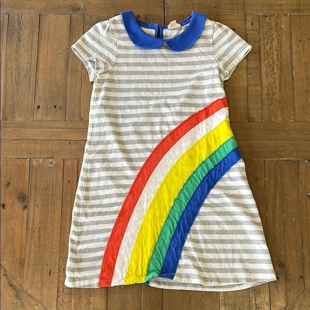 Mini Boden rainbow appliqué striped Peter Pan collar shift dress